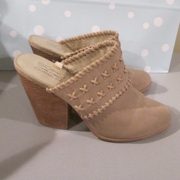 Soho Cobbler Dhyana Woven Suede Tan Clog Mules Shoes 4" Block Heel leather sz 9 - Picture 1 of 4